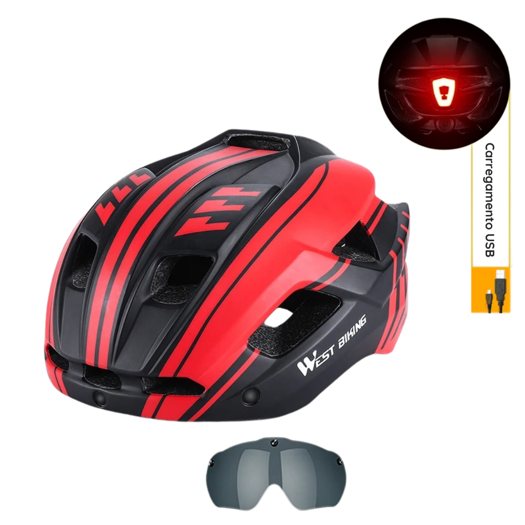 Capacete com Sinalizador e Óculos WestBiking