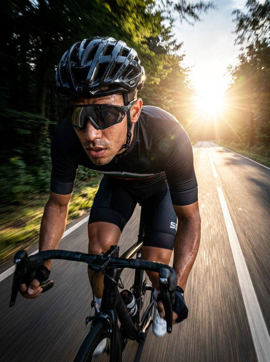 Ciclista na descida com sol