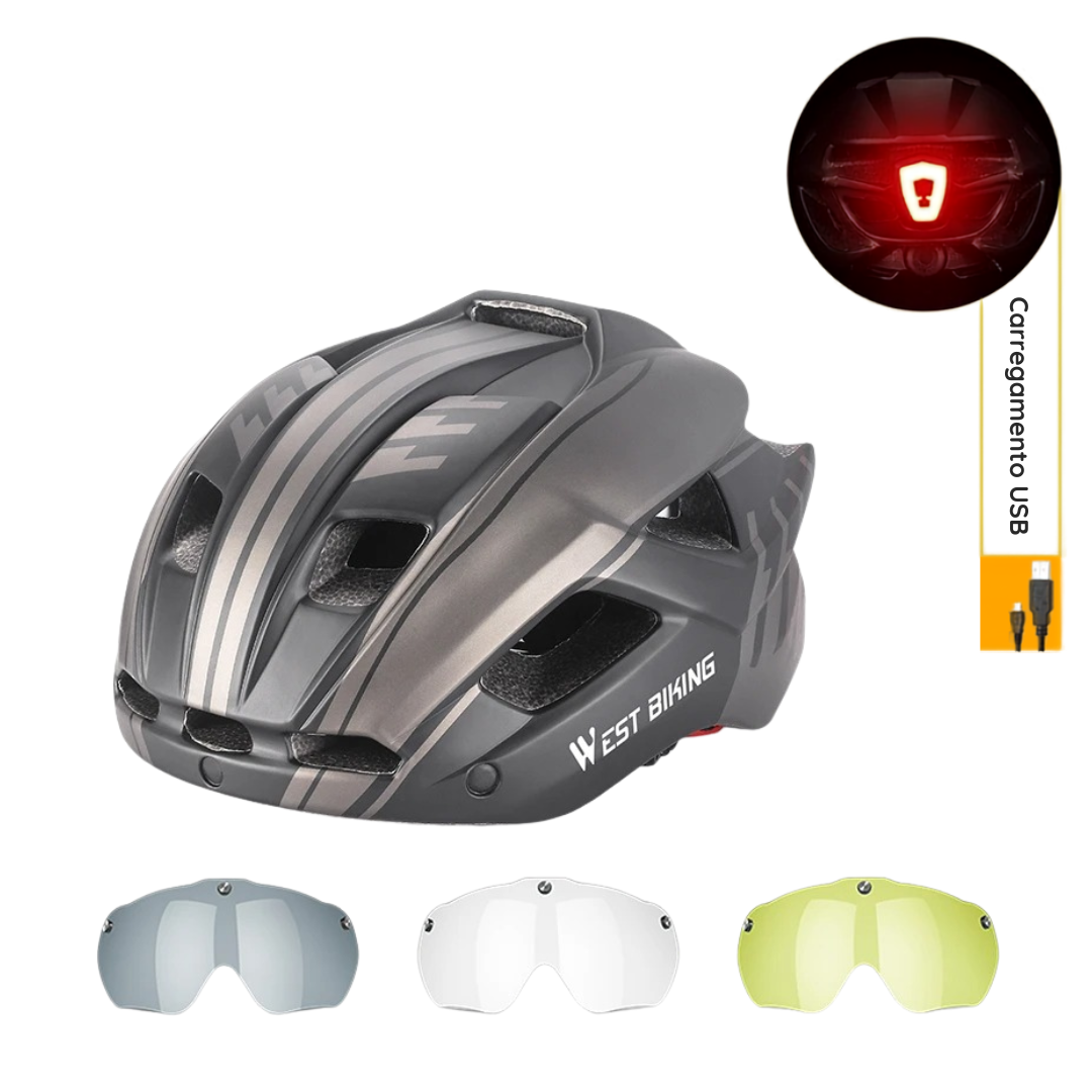 Capacete com Sinalizador e Óculos WestBiking