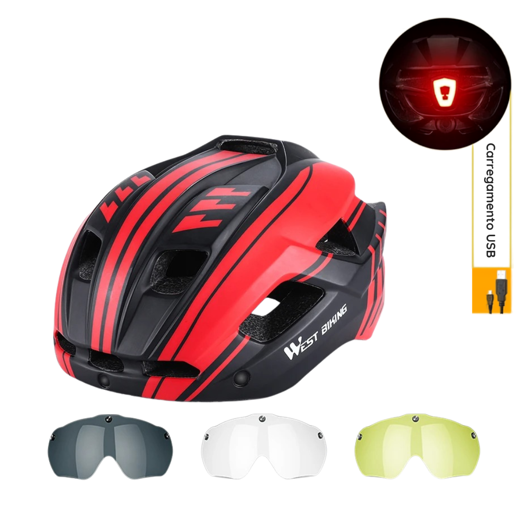 Capacete com Sinalizador e Óculos WestBiking