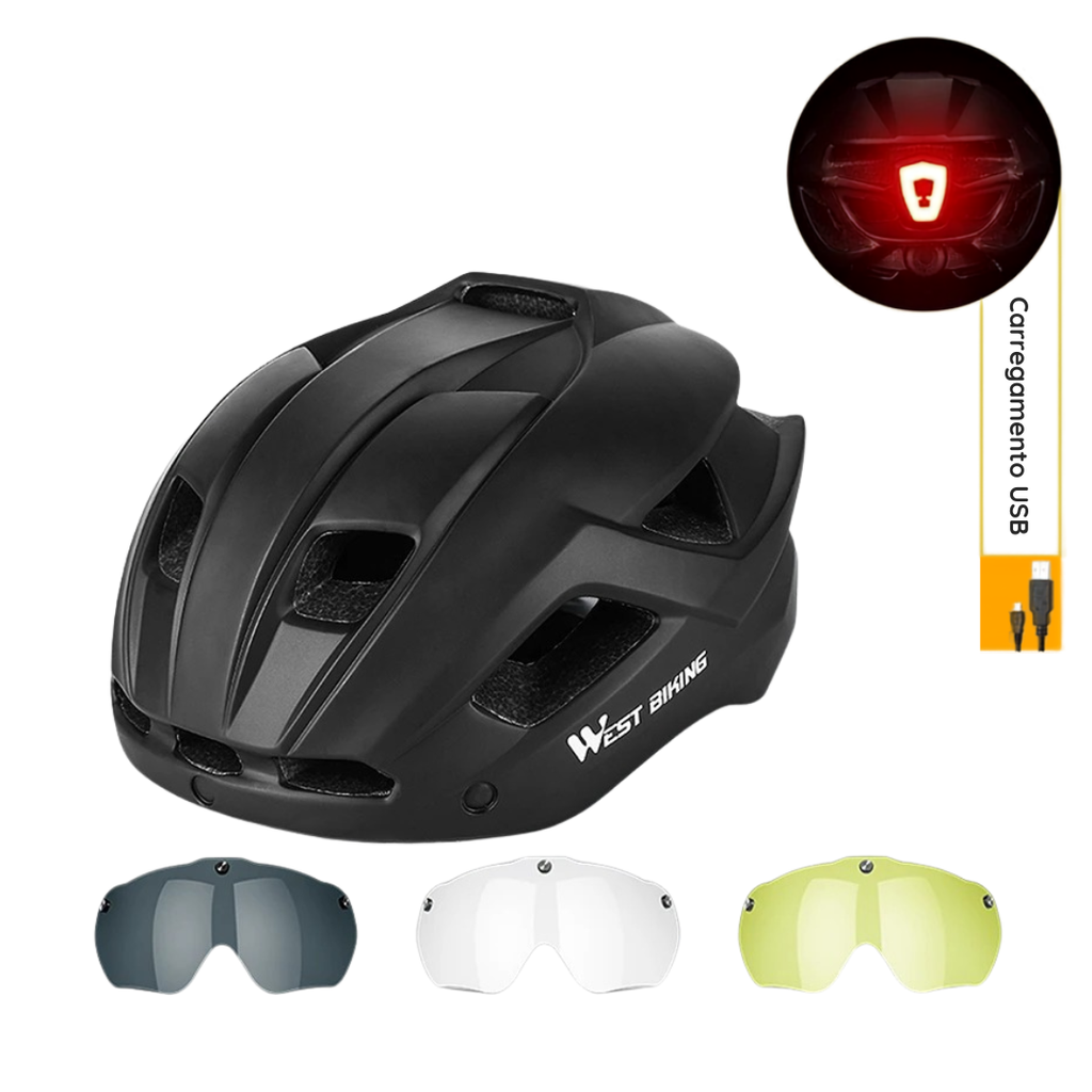 Capacete com Sinalizador e Óculos WestBiking