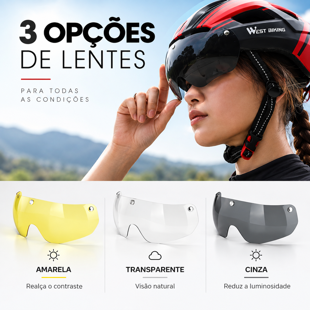 Capacete com Sinalizador e Óculos WestBiking