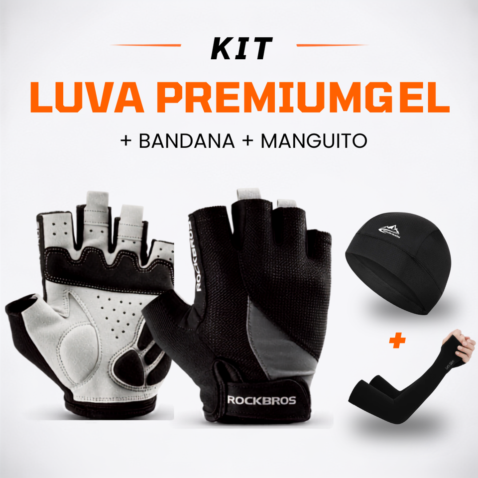 Kit Luva Premium Gel Rockbros para ciclismo com manguito UV e bandana respirável