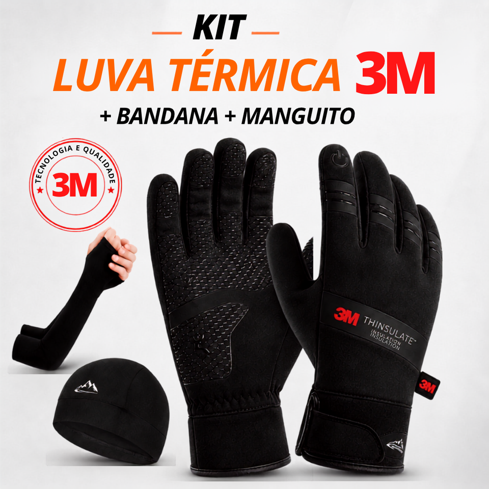 Kit luva térmica 3M para ciclismo com bandana e manguito preto.