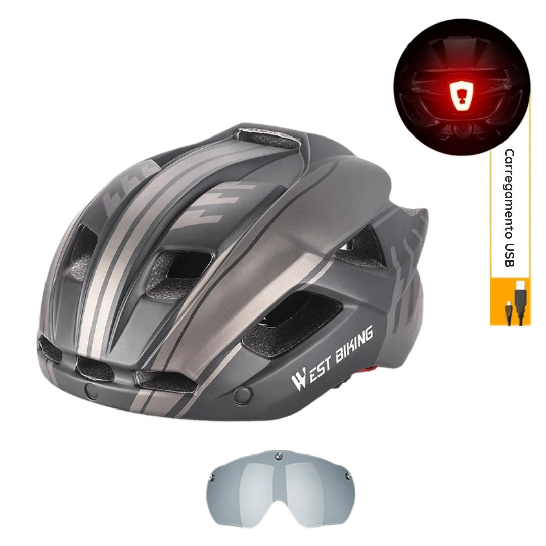 O óculos gruda no capacete. A luz gruda atrás. Você só pedala.